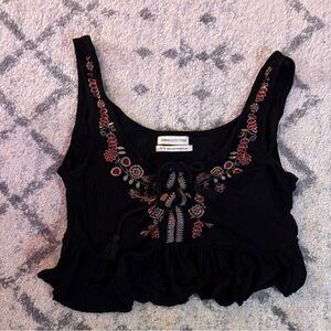 Urban Outfitters Embroidered Peplum Crop Top XS Black Boho Lace Up